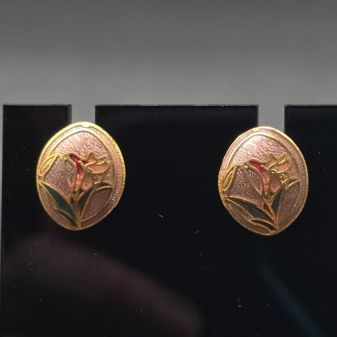 Cloisonne Enamel Flower Stud Earrings Pink Pierced Post Vintage Jewelry